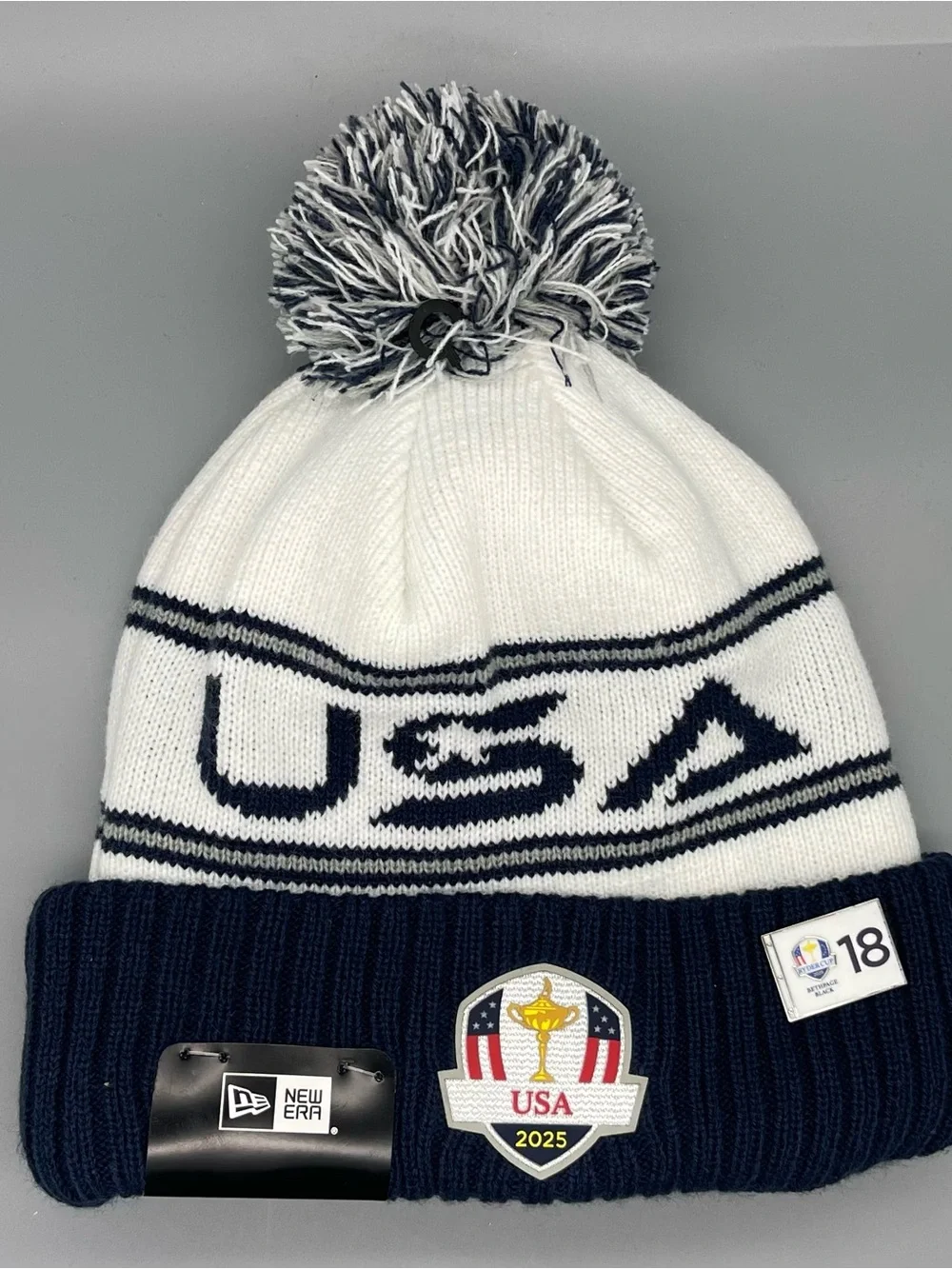 2025 Ryder Cup Team USA Beanie Pom Knit Navy White Hat Bethpage Black Pin NEW
